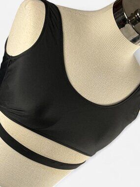 Womens Black Wide Strap Athletic Top Longline Sports Bra (Large)